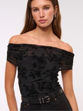 Abercrombie & Fitch NWT Black Sheer Floral Off Shoulder Bodysuit Medium